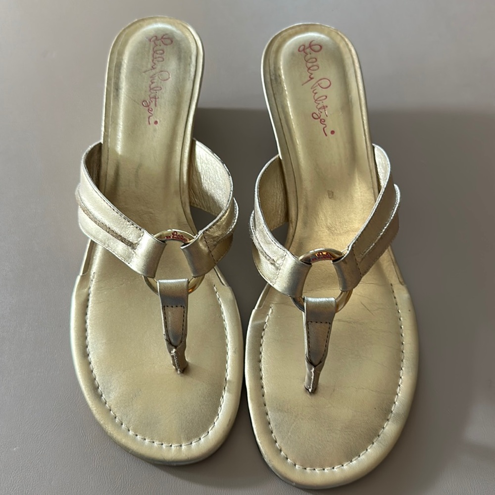 Lily Pulitzer gold wedges